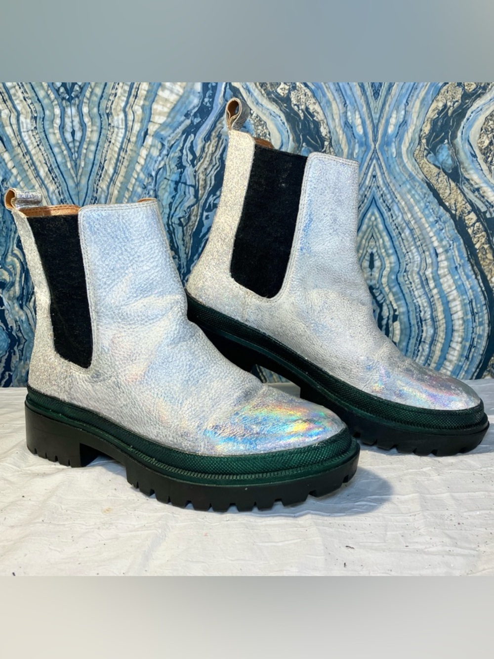 Lucky Ellerey Platform Boots Holographic Iridescent Glitter Silver Rave Festival